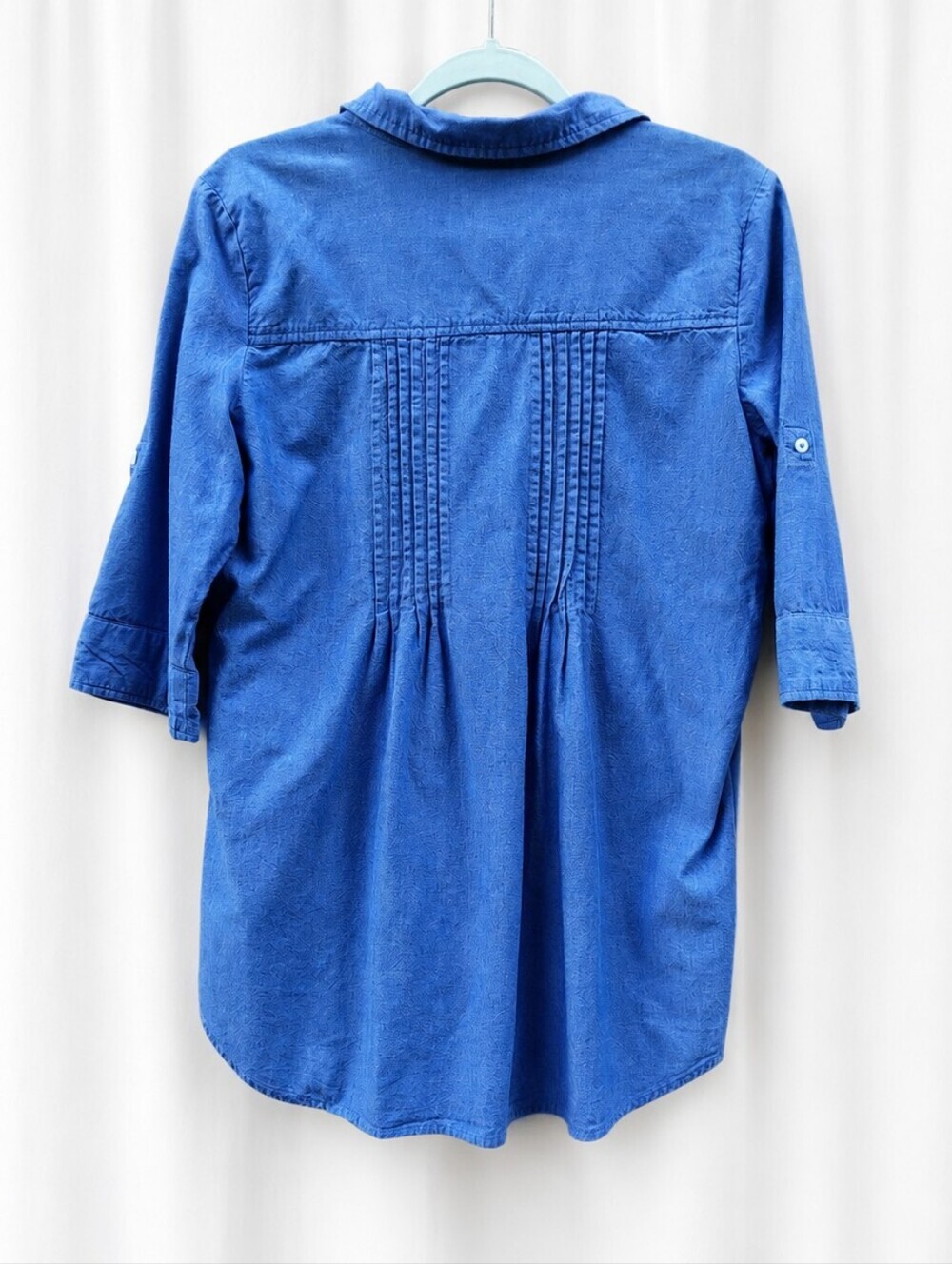 U.S. Polo Assn. Blue Tunic Top Button Front Roll Tab Sleeve/Sides Pintuck Cotton - Picture 5 of 9